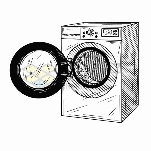 手绘素描风格打开的滚筒洗衣机家用电器png图片免抠矢量素材